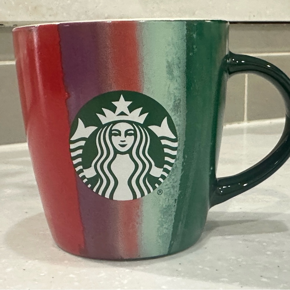 Starbucks Red and Green Ceramic Coffee Tea Cup Mug water color stripe